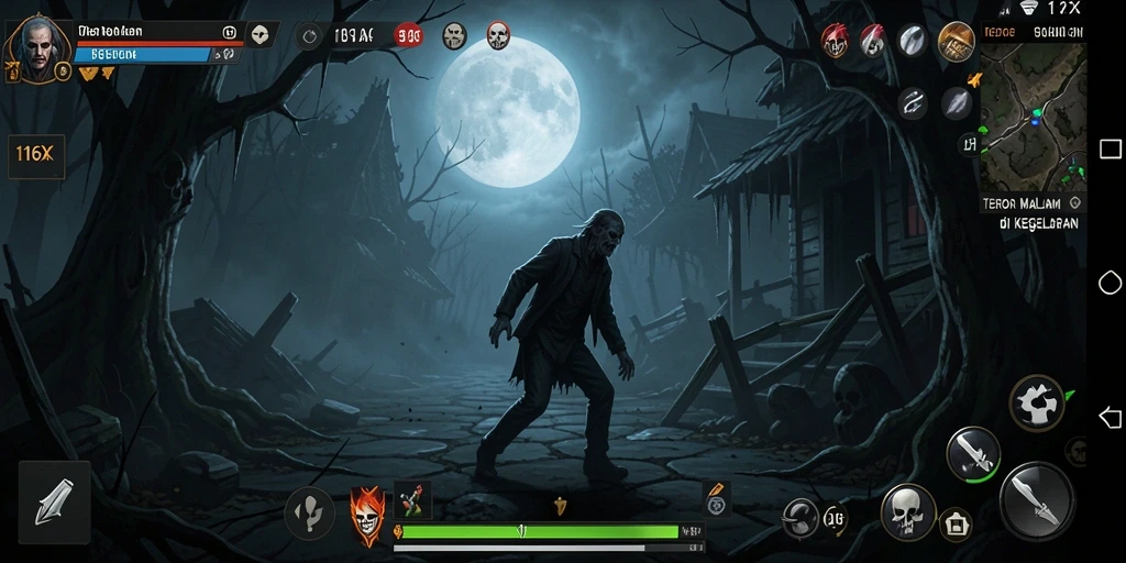 Screenshot menunjukkan karakter menjelajahi lokasi angker di game Horror.