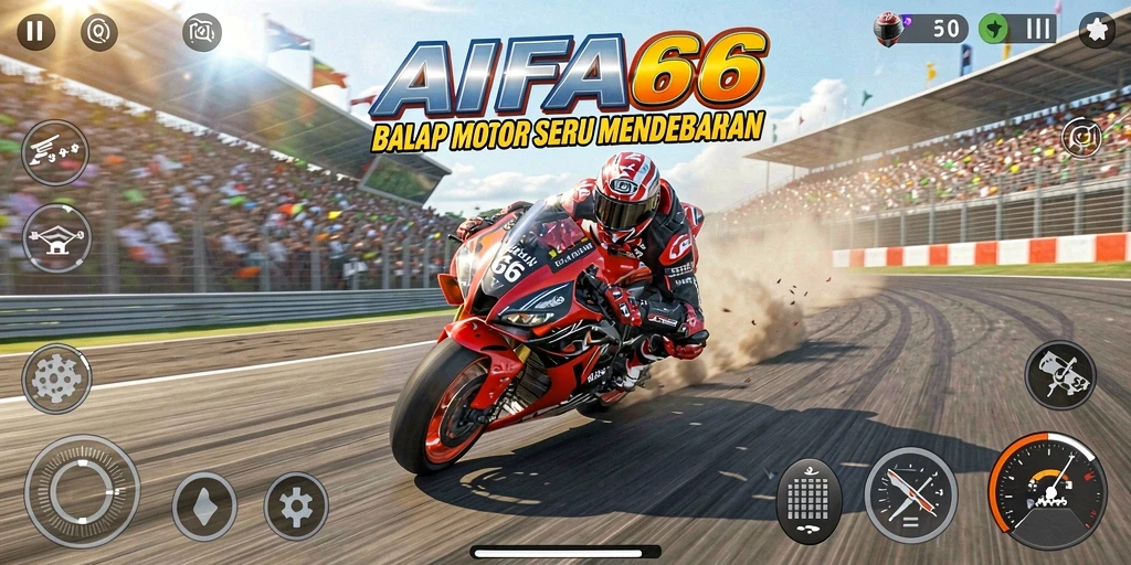 Screenshot gameplay AIFA66 menampilkan aksi balap motor yang mendebarkan.