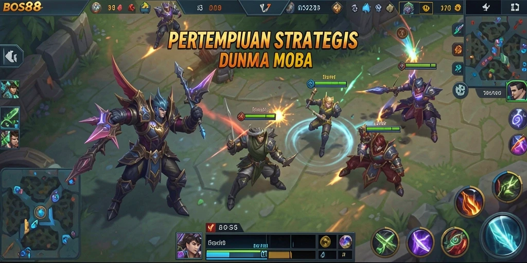 Screenshot menunjukkan aksi seru dalam pertempuran MOBA di BOS88.