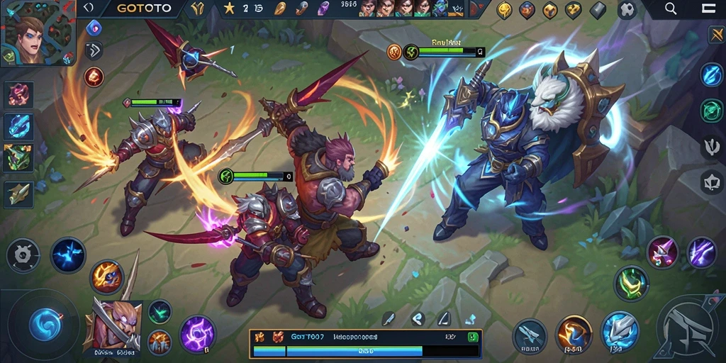 Screenshot gameplay seru GOTOTO dengan aksi MOBA yang mendebarkan.