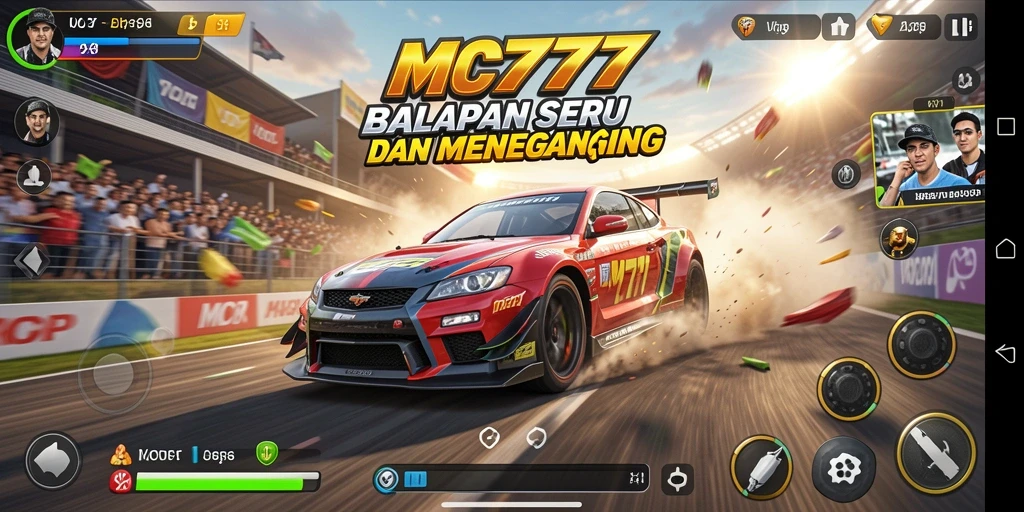 Gameplay seru MC777 dengan mobil balap yang menantang.