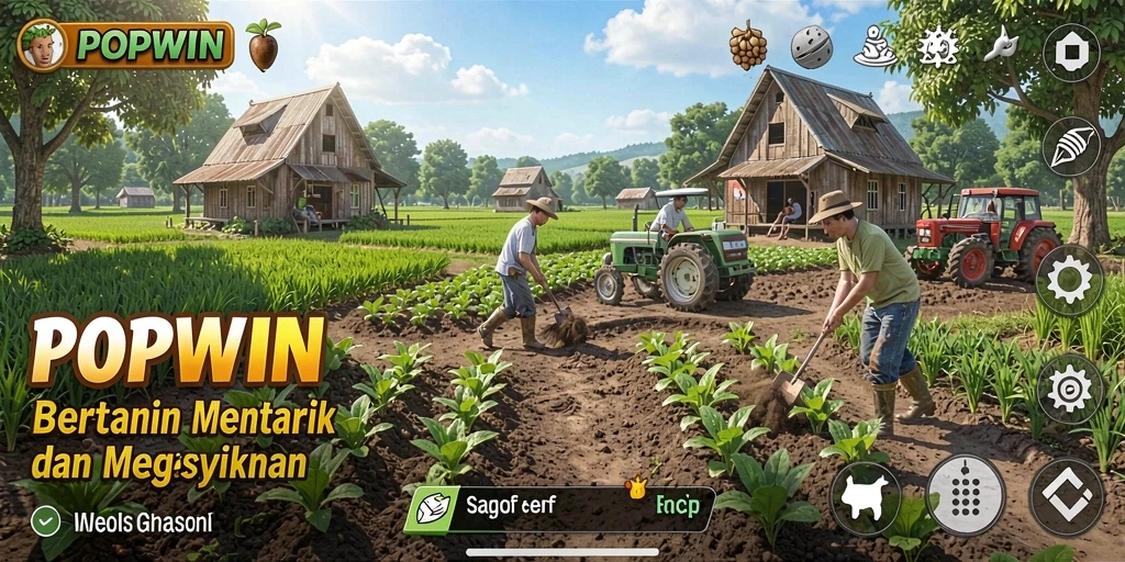Screenshot utama POPWIN menampilkan momen seru dalam bertani.