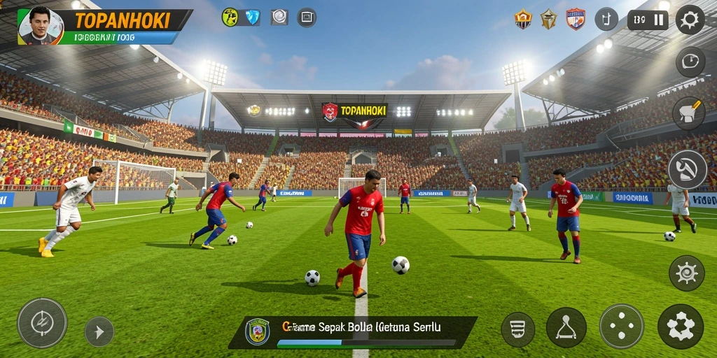 Screenshot gameplay TOPANHOKI menampilkan aksi seru di lapangan sepak bola.